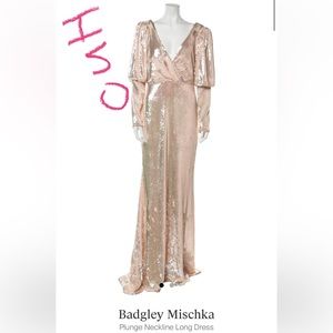 ISO Badgley Mischka Plunge Neckline Long Dress with Puff Sleeves Size 8/10